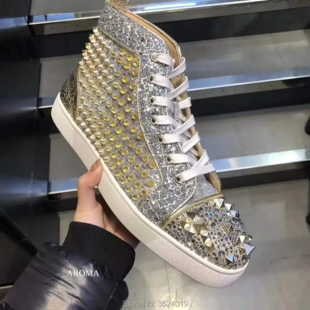 

High-Cut Shoes clandgz Lace-up Rhinestone Blingbling diamond All Rivets Red bottom Shoes Sneakers leather casual Flat shoes 2018