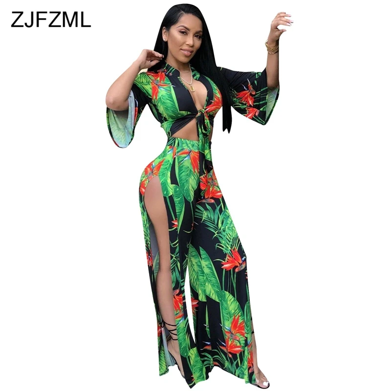 

ZJFZML Red Green Floral Printed Sexy Two Piece Set Women Half Flare Sleeve V Neck Crop Top And High Double Side Split Long Pant