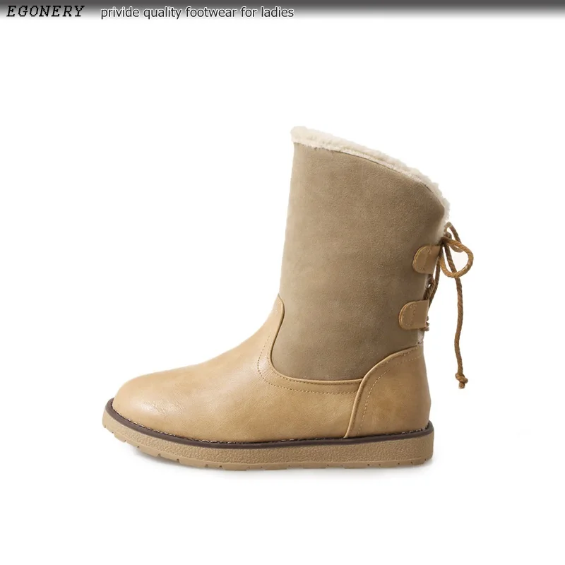 EGONERY/новейший смешанный цвет, flcok и pu искусственная кожа, на шнуровке, с перекрестной шнуровкой, с круглым носком, на низкой танкетке, зимние ботинки, уличная теплая обувь, большие размеры