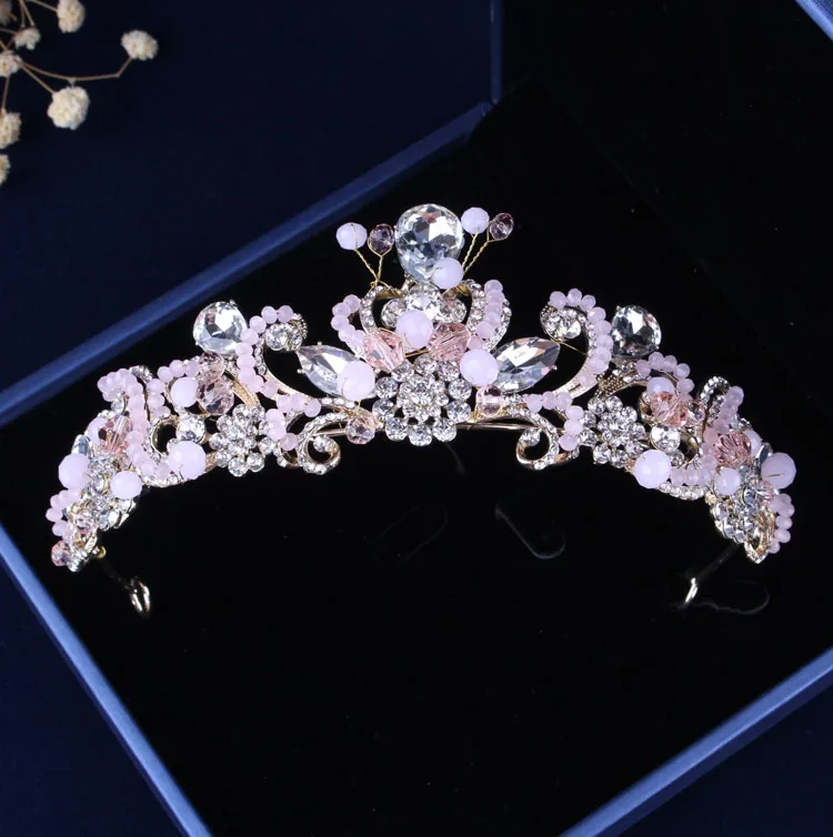 Барокко ретро розовый Кристалл бусины Цветы Свадебный костюм Ювелирные наборы массивное ожерелье серьги набор диадем Свадебный комплект ювелирных изделий