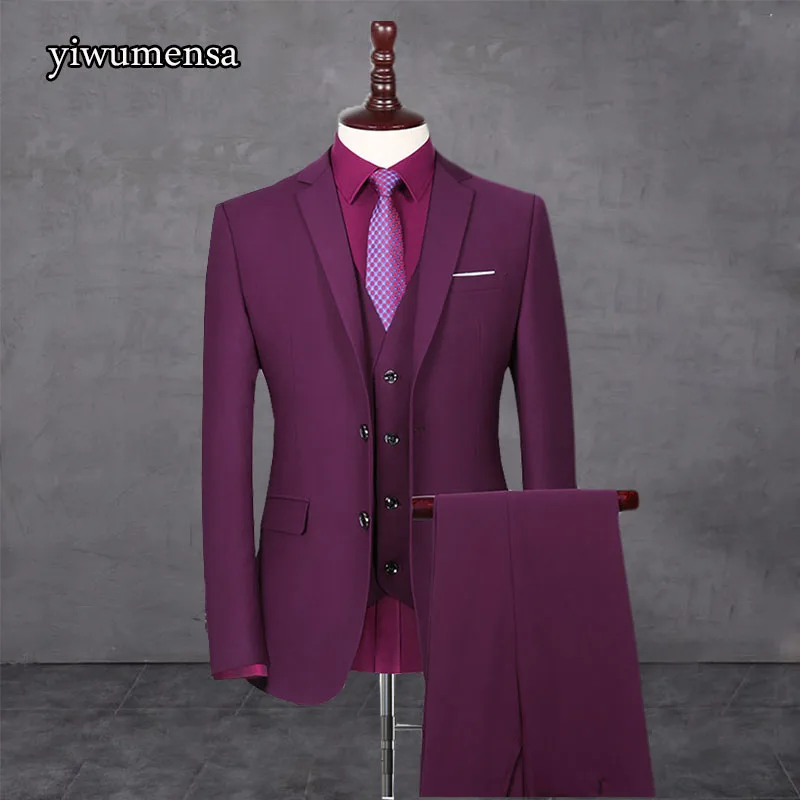 Wine Red Men's Suits For Wedding Burgundy Slim Fit Single Breasted Blazer&Vest&Pants Groom Prom Tuxedo 3 Piece Set Clothing 2021 blazer for men wedding