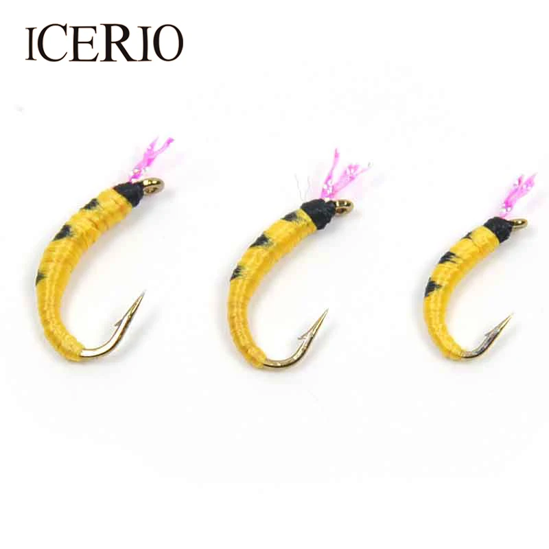 ICERIO 8PCS Yellow Pupa Larva Nymphs Bass Fly Trout Fishing Lures Size 10# 12# 14#