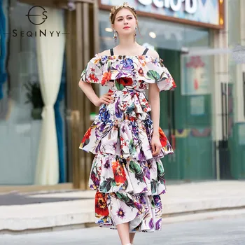 

SEQINYY Sexy Spaghetti Strap Dresses 2019 Early Spring Woman's New Fashion Printed Flowers High Street Ball Gown Mid Calf Dress