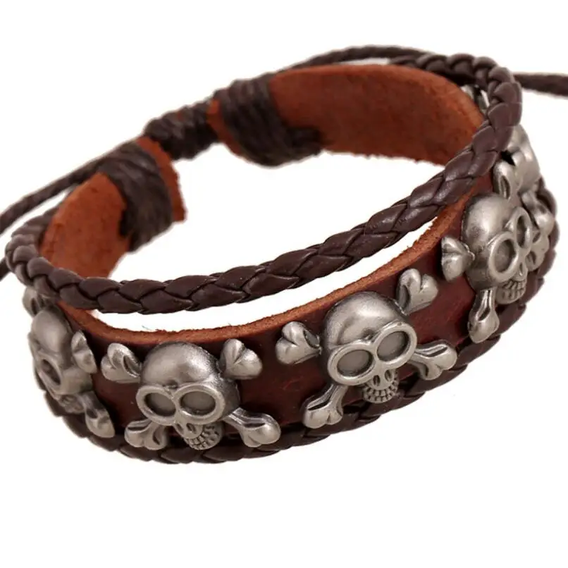 

Fashion Punk Vintage Charm Bracelet Alloy Silver Skull Brown Rope Leather Bangle Skeleton Wristbands Adjustable Handmade Jewelry