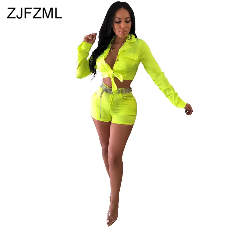 

Neon Green Rose Sexy Two Piece Set Tracksuit Women Festival Clothes Turn Down Collar Long Sleeve Crop Top + Biker Short Outfits