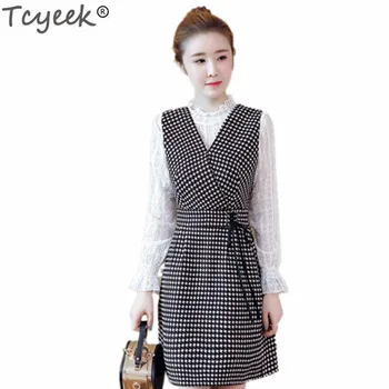 

Tcyeek Women 2 Piece Set Lace Shirt Tops and Sleeveless Plaid Dress 2019 Autumn Female Sweet Suit Elegant Ladies Costumes LWL596