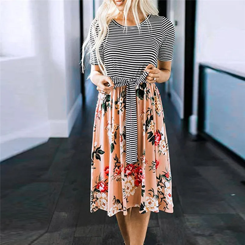  Women's Short Sleeve Stripe Floral Print Tie Waist Swing Midi Dress with Pockets Summer Holiday Dress For Ladies Girls 40MY14 (5)