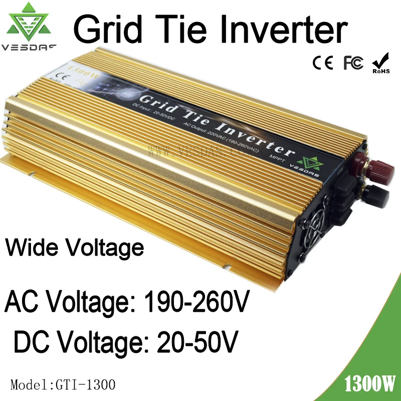 

1300W Grid Tie Inverter wide voltage 20-50VDC to 190~260VAC Pure Sine Wave converter for Max 1500W solar or wind power input