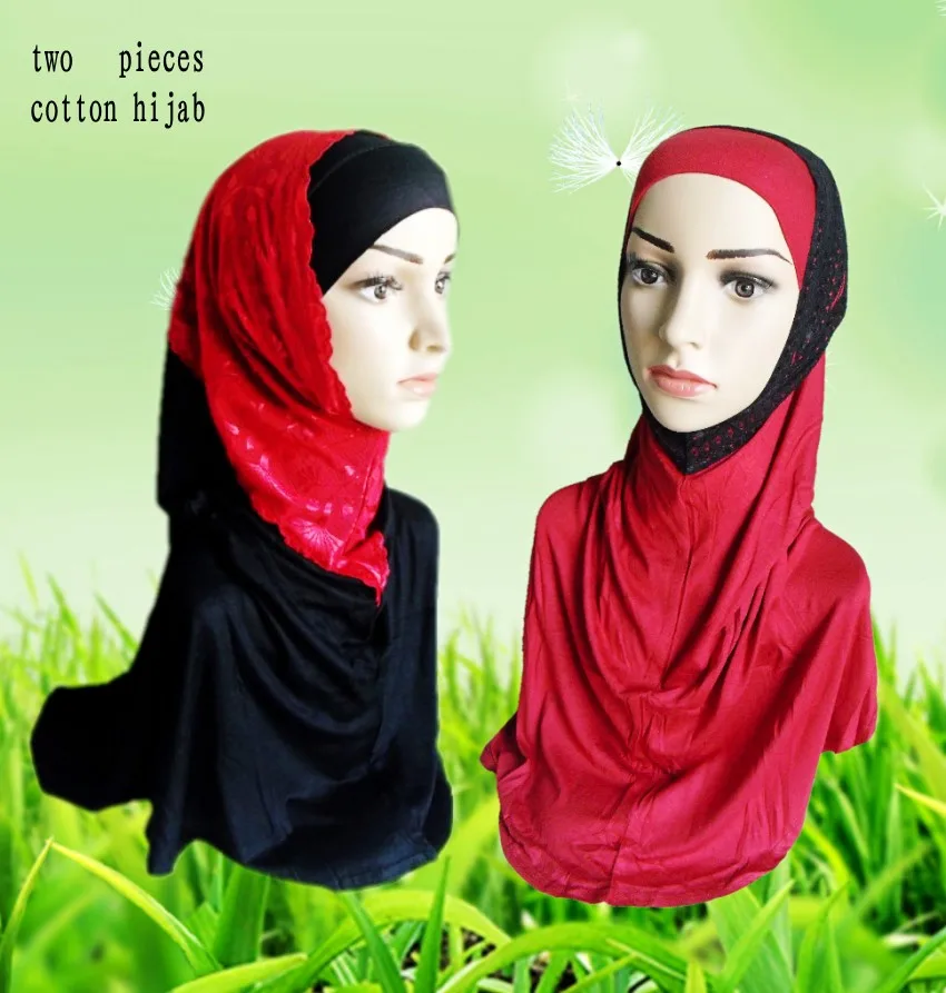 mu633 Two Pieces One Set Lace Muslim With Inner Cap Hijab Jersey Cotton