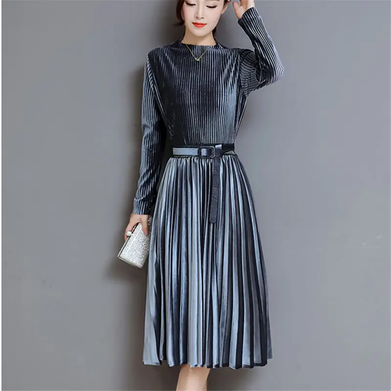 Fashion Autumn Winter Women Dress Elegant Sexy Pleate Female Dress Vintage Long Sleeve Velvet Two-piece suit Dresses vestidos