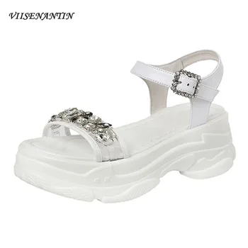 

VIISENANTIN white black flat platform female summer sandal shoe casual slim feet wear rhinestone one word strap shoe