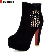 ASUMER/Новое поступление года; сезон осень-зима; женские ботинки; модные ботинки из флока на молнии, украшенные кристаллами ботильоны; Цвет черный, красный; простая удобная обувь