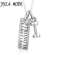 Fyla Mode 925 Sterling Silver Necklace with Strong Is Beautiful Tag and Dumbbell Pendant Hot Selling Jewelry for Women Men