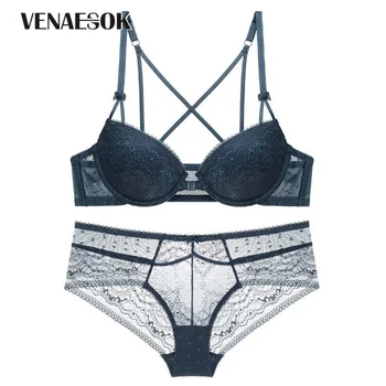 

Front Closure Women Lingerie Set Gather Brassiere Black Thick Push Up Bras Sexy Underwear Set Bra Panties Sets Lace Embroidery