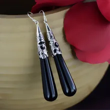 S925 ювелирные изделия из стерлингового серебра ретро модное удлиненное с черным ониксом в каплевидные серьги для женщин