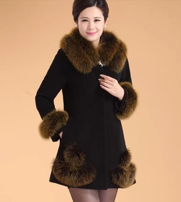 Для Женщин Осенние и зимние шерстяное пальто мать одежда меховой воротник шерстяная Верхняя одежда Пальто
