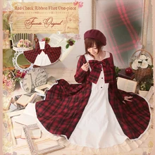 Autumn Japanese Plaid Cute Bow Button Lolita Dress Women Tartan Clothing Knitting Cotton Lattice Mori Girl Retro Dresses T202
