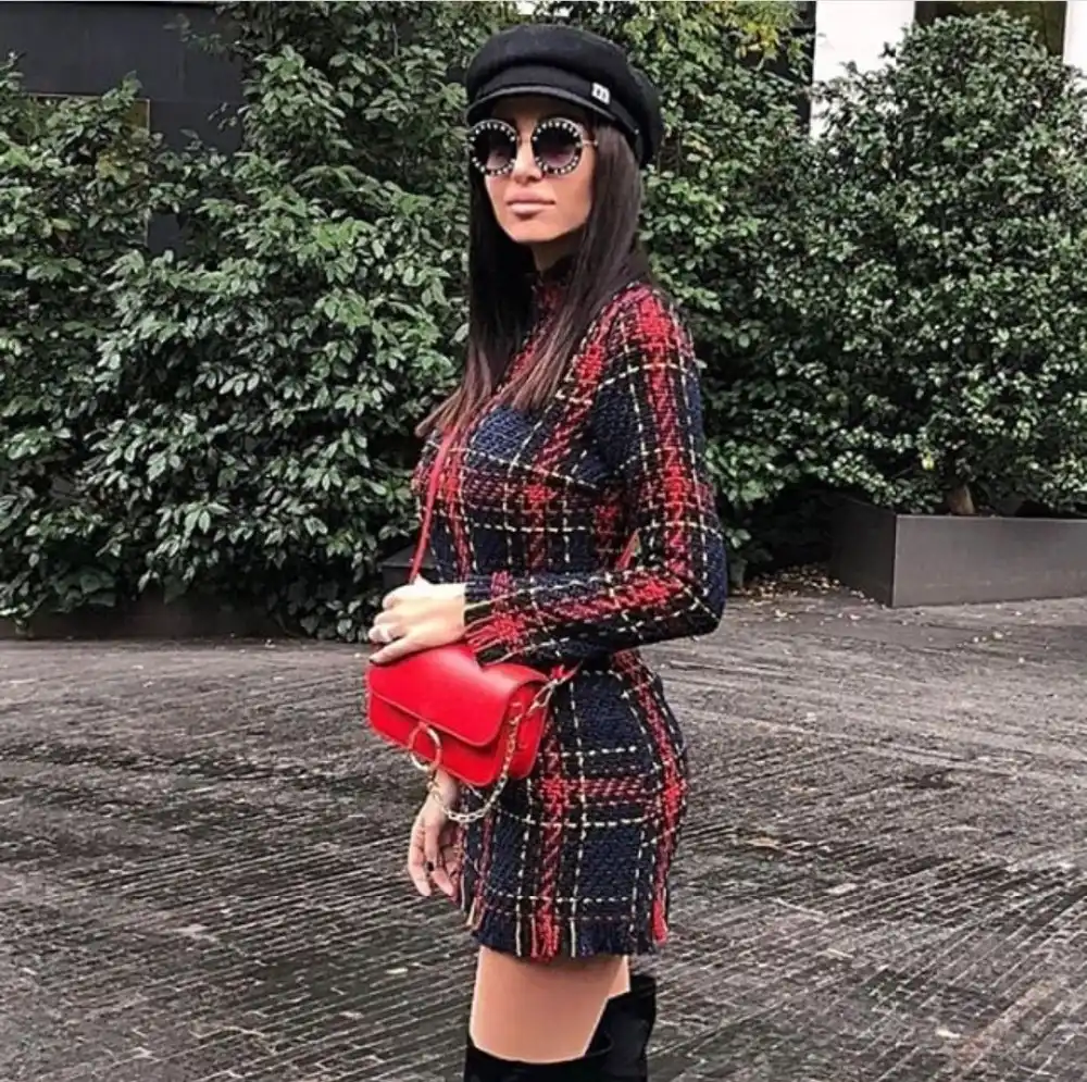 colorful plaid print tassels bodycon mini dress