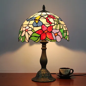 

Flesh Country Flowers bird Tiffany Table Lamp Country Style Stained Glass Lamp for Bedroom Bedside Lamp E27 110-240V