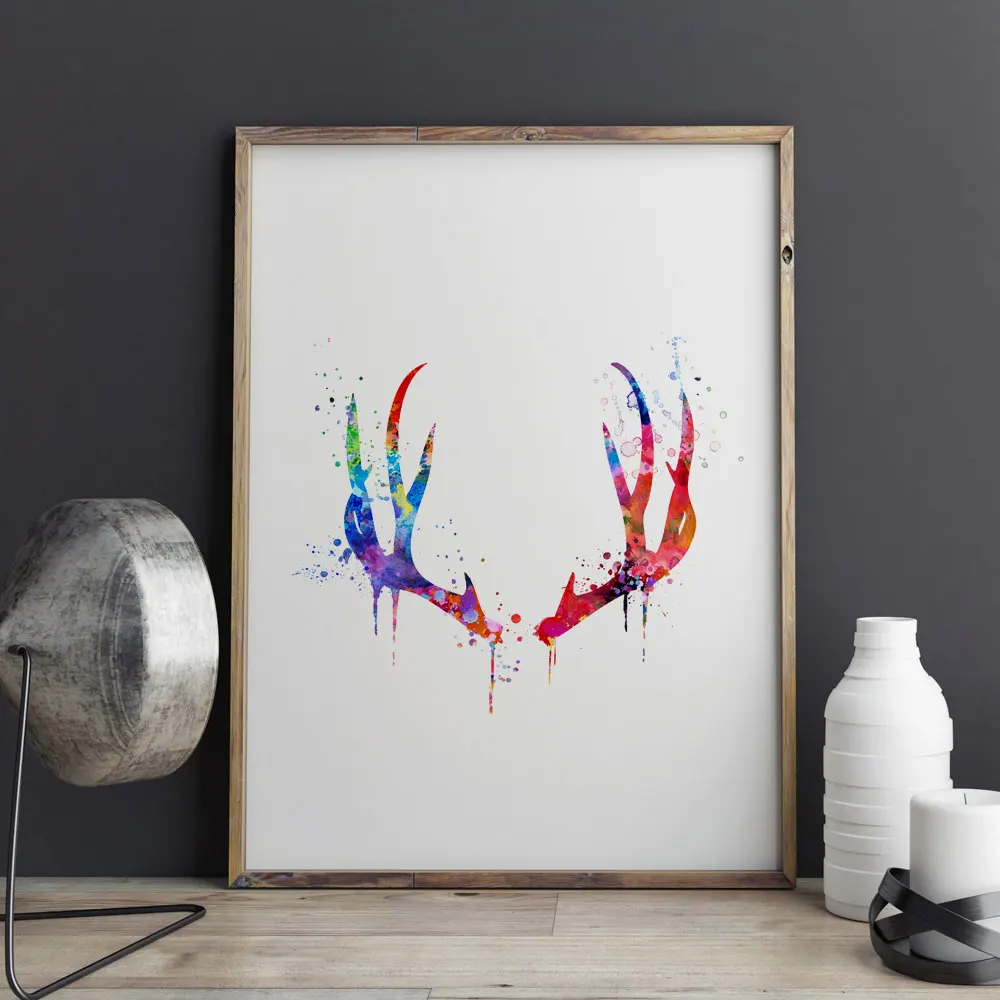 Nordic Antler Watercolor Art Print Deer Nursery Art Pictures Deer Head