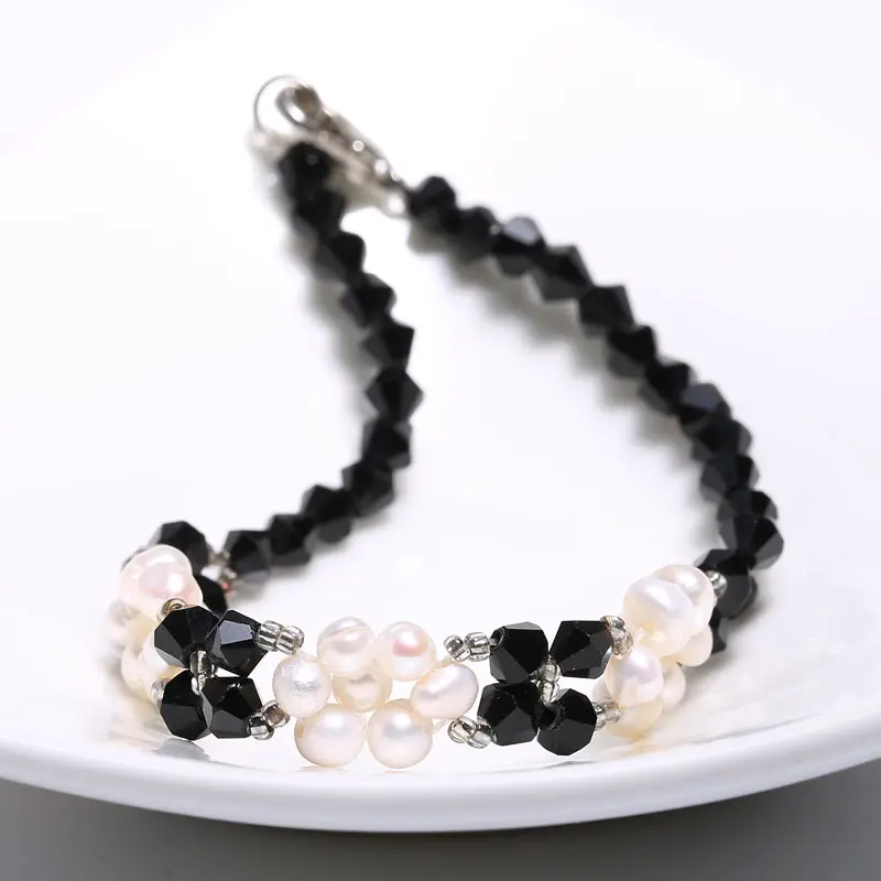 Black White Stylish Pearl Bracelet, Handmade 4 mm Crystal with 4-4.5 mm Nearly Round Pearl flower bracelet, holiday gifts