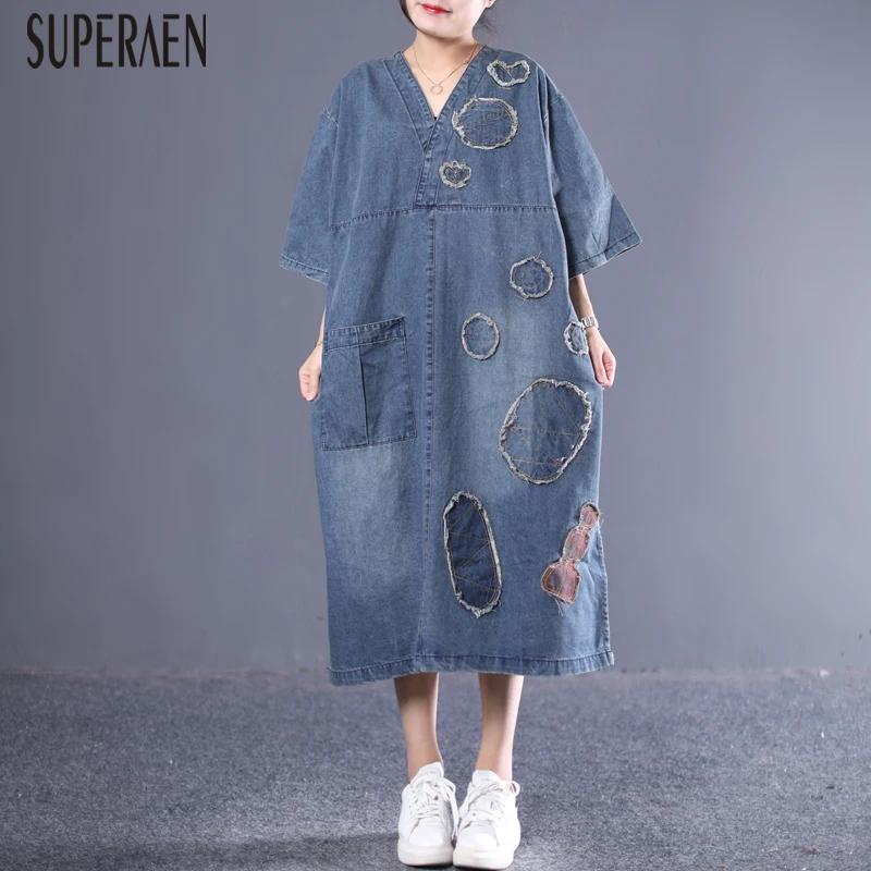 

SuperAen Spring and Summer 2019 New Denim Dress Women Korean Style Wild Casual Women Dress Loose Pluz Size V-neck Women Clothing