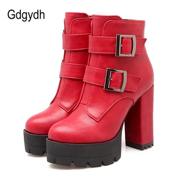

Gdgydh Wholesale Spring Women Boots Platform Rubber Sole Ladies Casual Shoes Plus Size Black High Heels Zipper Red Leather Boots