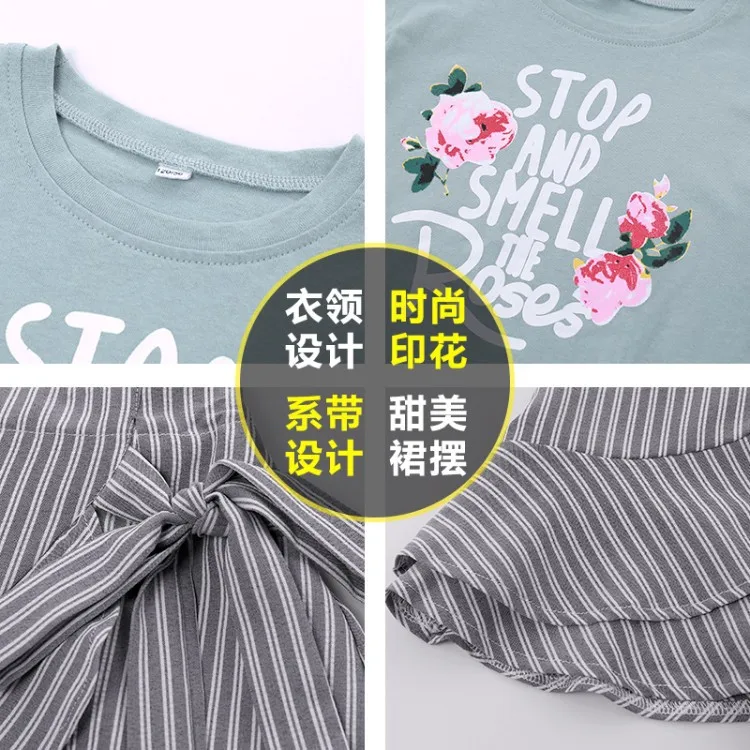 2019 Summer Children Clothing Set For Teenage Girls Fashion Letter Flower Tshirt Ruffles Skirt 2Pcs Kids Clothes Suit 10 12 Year (20)