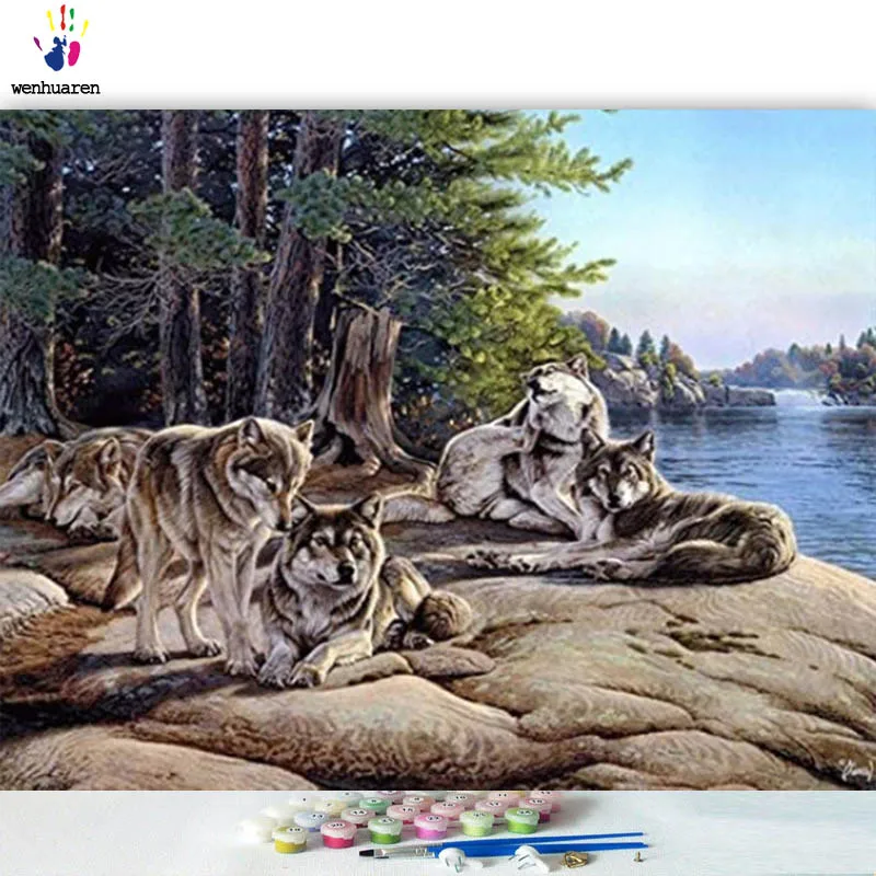 DIY картинки для раскраски по номерам с цветами изображение волка Рисунок Живопись по номерам в рамке дома