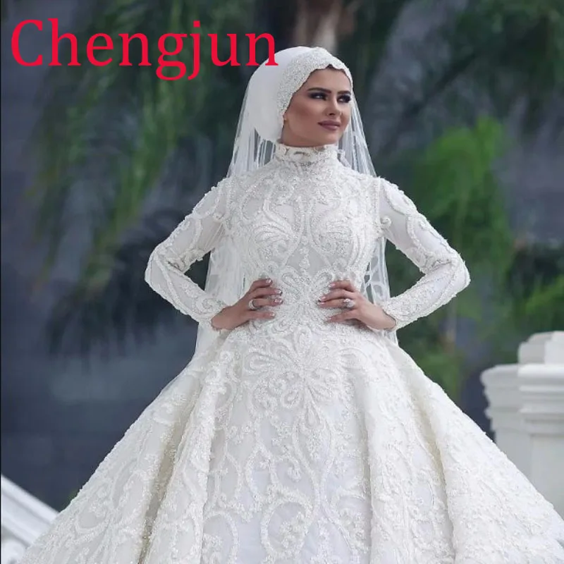 Chengjun Современная мусульманская хиджаба, длинный рукав с высоким воротом арабское свадебное платье