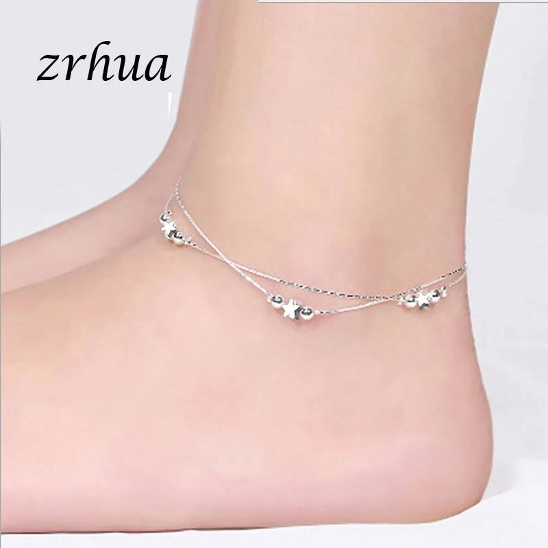 

ZRHUA Tiny 925 Sterling Silver Beads Multilayer Chain Anklet for Women Girls Friend Foot Jewelry leg bracelet Bijoux
