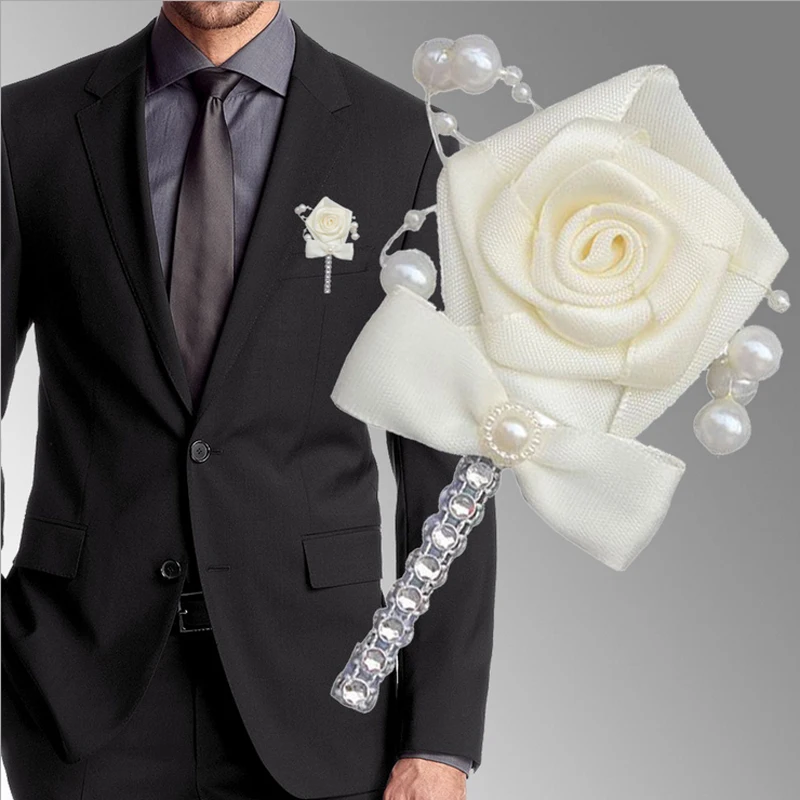 

5Piece/Lot Wedding Buttonhole Ribbon Corsage Groom Groomsman Boutonniere Party Prom Handmade Fabric Rose Men Suit Brooch Flower