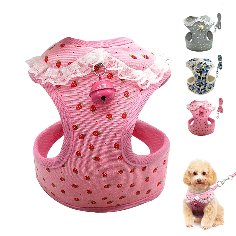 

Soft Mesh Pet Puppy Dog Cat Harness Leash Set with Bell Cute Lace Pet Vest for Small Medium Dogs Chihuahua Yorkie Teddy S M L XL