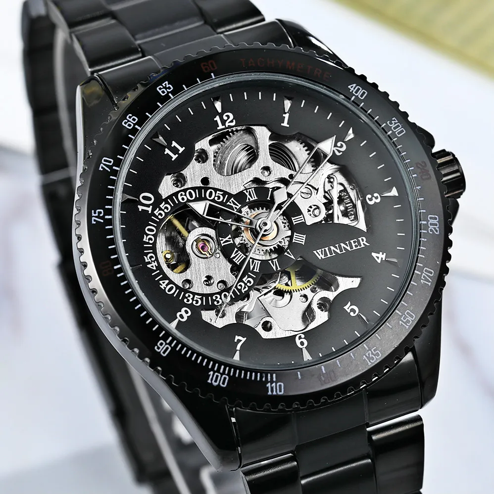 Luxury Brand Wineer Mens Watches Full Black Stainless Steel Mechanical
