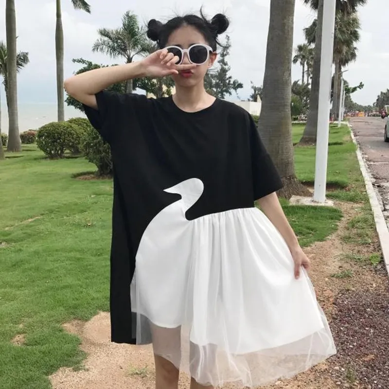 2018 Harajuku Short Sleeve Irregular Casual Dress Girls Black White Swan Patchwork Mesh T-shirt Dress Dresses
