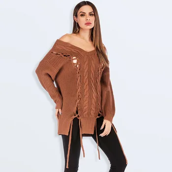 

Wixra 2019 Pullovers Sweater Sexy Slash Neck Solid Lace up Sweaters Casual High Street Knitted Clothing For Women Autumn Winter