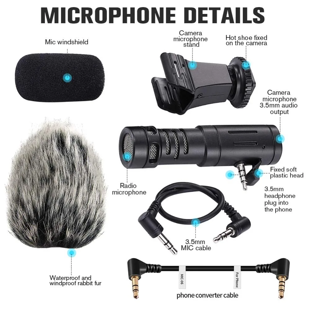 MIC-06 3,5 мм аудио кабель гиперкардиоидная видеокамера с микрофоном Vlog Запись микрофона штатив+ зажим для sony/Nikon DSLR камер