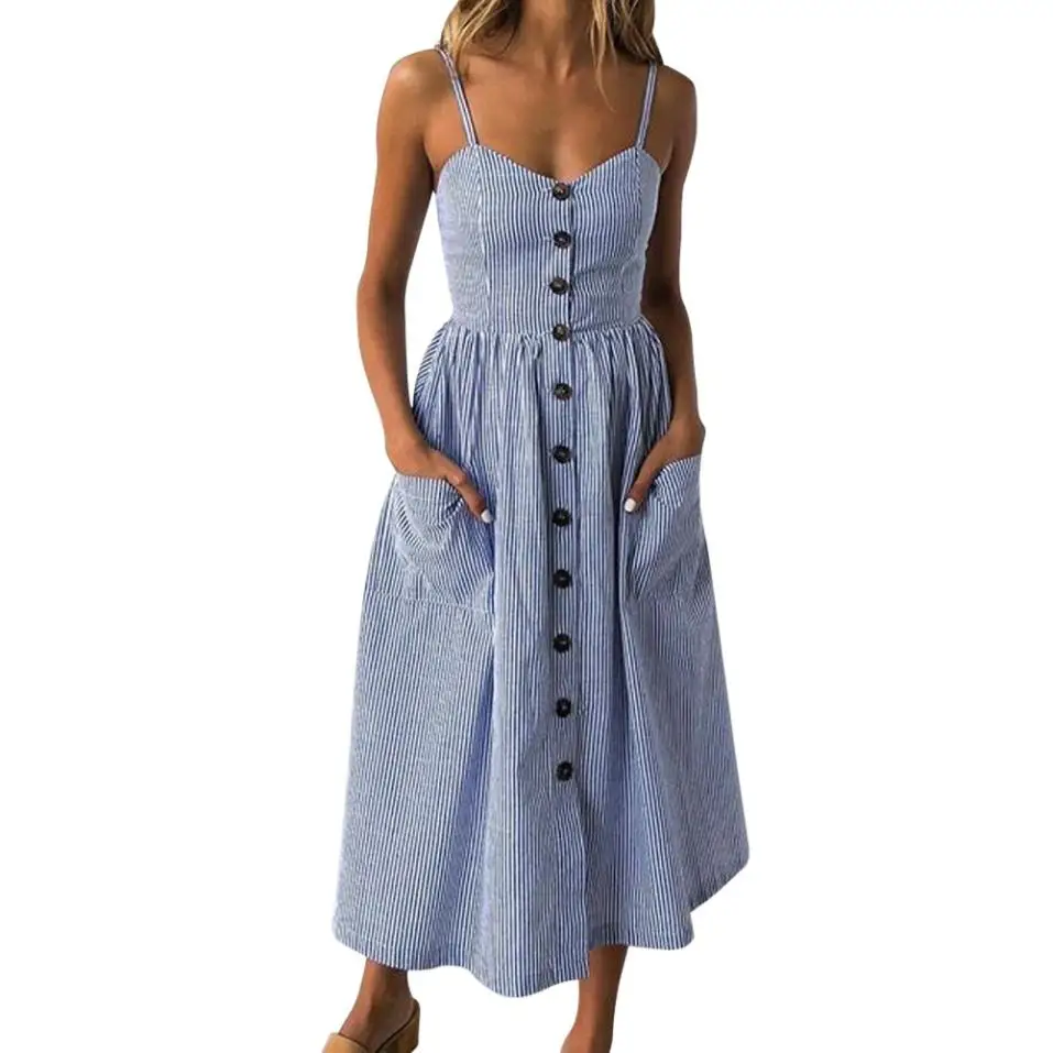 

KLV Summer Dress Women Casual Elegant Evening Party Dresses Buttons Off Shoulder Sleeveless Dress Beach Long Sundress