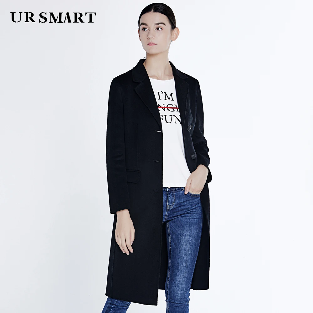 

URSMART Double-sided wool coat female new winter show ms long thin black overcoat woolen cloth coat of cultivate one's moral