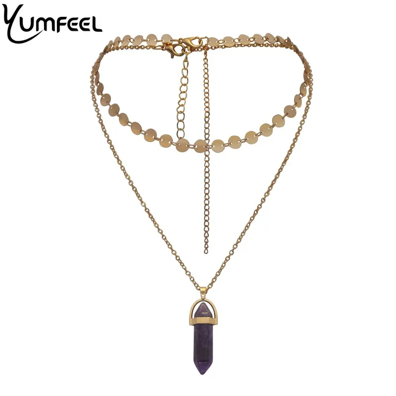 

Yumfeel New Fashion Jewelry Choker Necklaces Natural Stone Pendant Necklace Gold Disc Choker Necklace Set 2pcs/Set