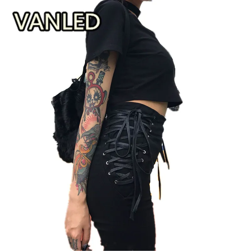 Best Punk Harajuku High Waist Side Straps Bow Drawstring Pencil Pants Stretch Women Black Pants