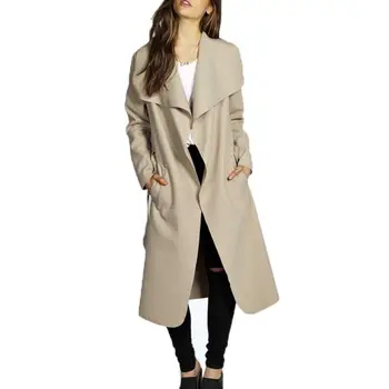 

ROPALIA 2018 Plus Size Blue Khaki Red Black Coats for Ladies Fall Winter Coat Women Full Sleeve Tweed Slim Long Coat with Sashes
