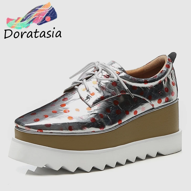 

DORATASIA Fashion Women Thick Platform Sneakers 2019 Spring Patent Genuine Leather Girl High Shoes Polka Dot Casual Flats