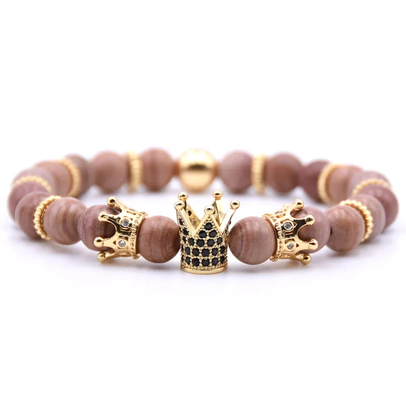 

8mm Crown King Charm Bracelet for Men Women Black Matte Onyx Natural Stone Beads Couple Jewelry