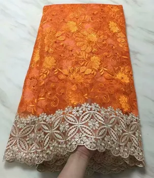 

African French Beaded Lace Fabric 2019 High Quality orange Lace Fabric Nigerian Tulle Mesh Lace Fabrics for Wedding FF166-23