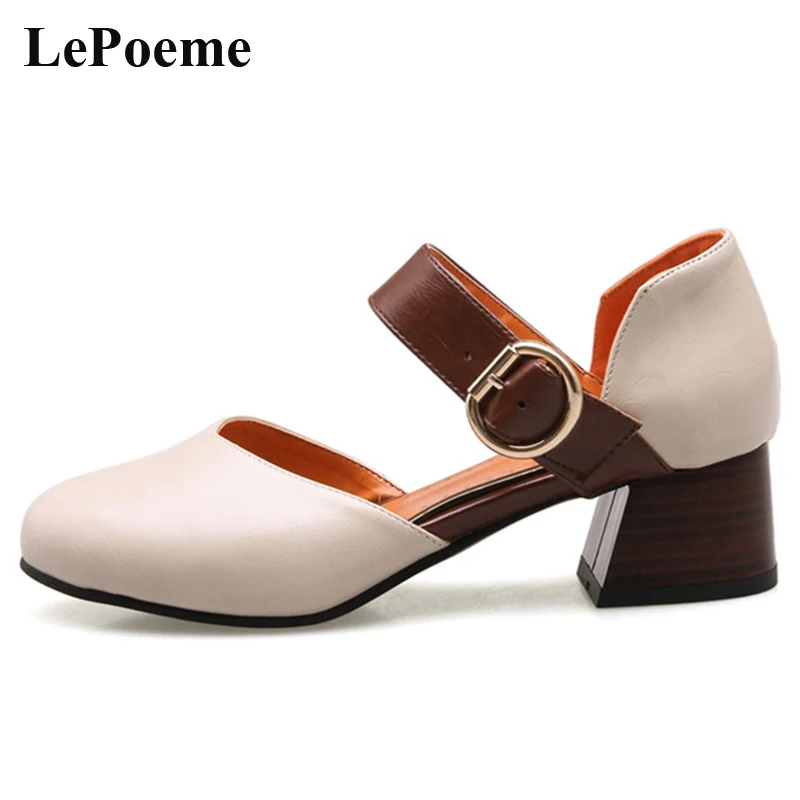 

Round Toe Mary Janes Shoes Woman Brand Square Heel Women's Pumps 2017 Ladies Girl Casual Fashion Summer Large Size High Heels