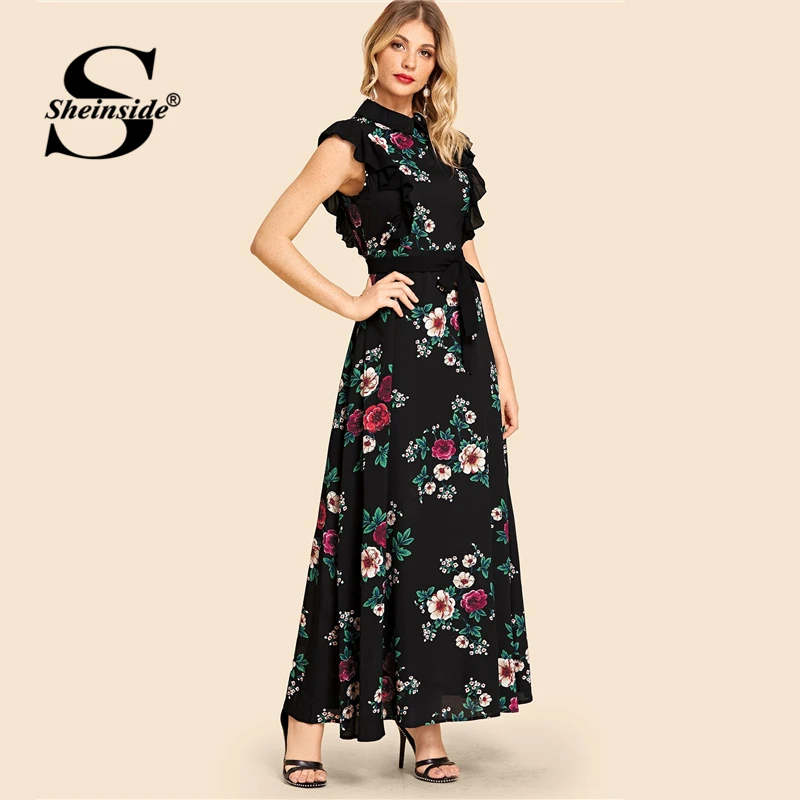 

Sheinside Ruffle Trim Self Belted Flower Print Collar Women Dress Bohemian Cap Sleeve Womens Dresses Ladies A Line Summer Dress