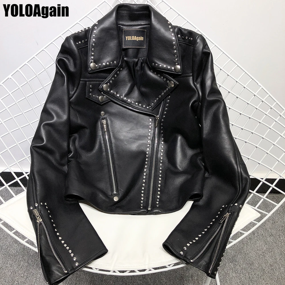 

YOLOAgain Women genuine leather jacket ladies long sleeve rivet black real sheep leather jacket