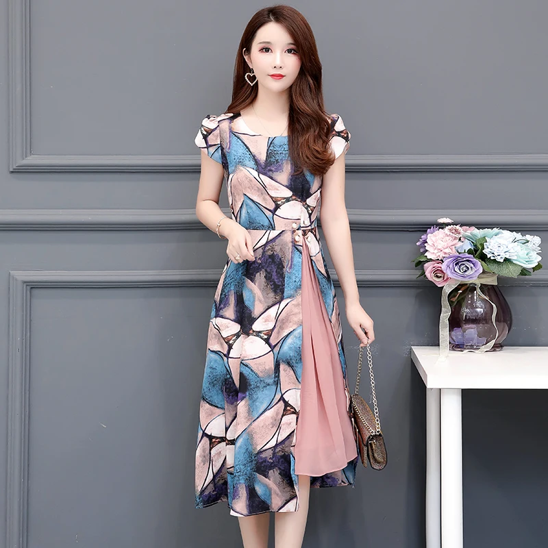

Plus Size M-4XL 2019 Summer New Arrival Flower Print Dress Round Collar Short Sleeve Woman Chiffon Party Dresses Vestidos
