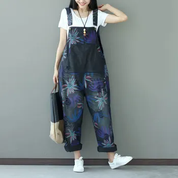 

Autumn Winter Women Vintage Holes Wide Leg Denim Jumpsuits Ladies Loose Flowers Printed Romper Overalls Female Pockets Playsuit